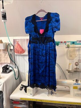 Blue silk Betsey Johnson Pterodactyl dinosaur zip front dress